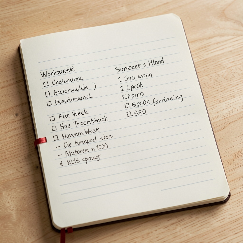 Close-up of a notebook with handwritten workout schedule for a four-week home training block, laid flat on a light wooden surface