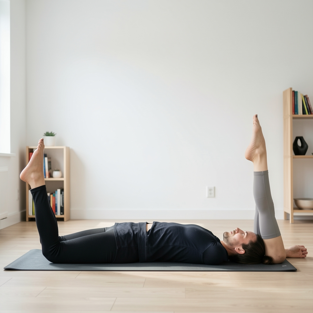 Person stretching hamstrings on a yoga mat in a minimal home space with white walls and a small bookshelf visible in background