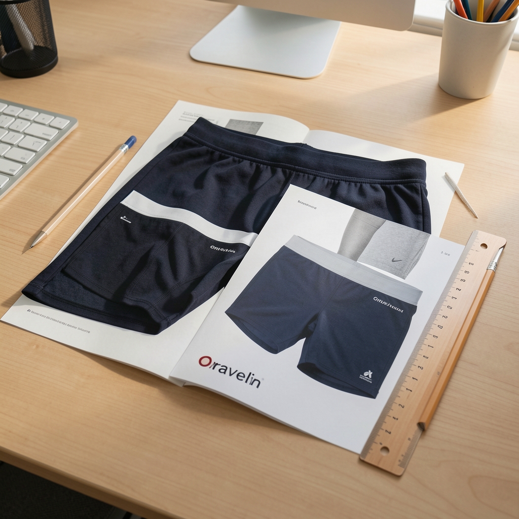 Oravelin editorial workspace showing printed workout session briefs laid flat on a light wooden desk with a ruler and pencil alongside