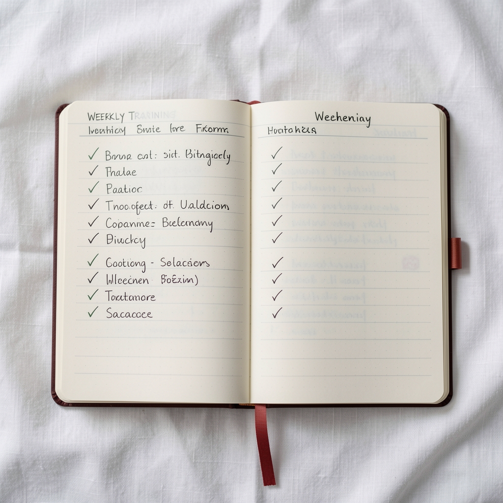 Open exercise journal showing a handwritten weekly training schedule with tick marks indicating completed sessions, on a white linen surface