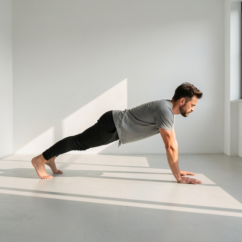 Person in a plank position in a minimalist white-walled flat, morning sunlight casting long shadows across the floor