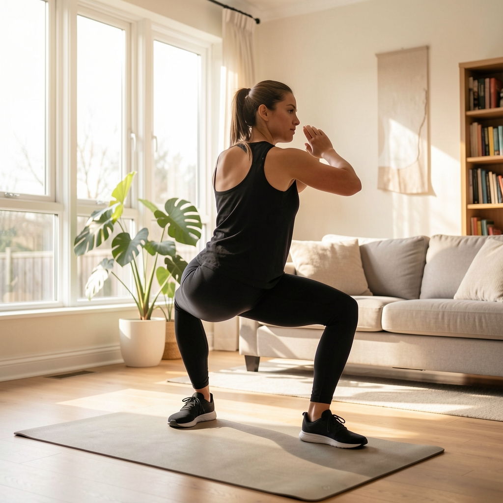 Person performing a structured bodyweight squat in a bright home living room, morning light through large windows