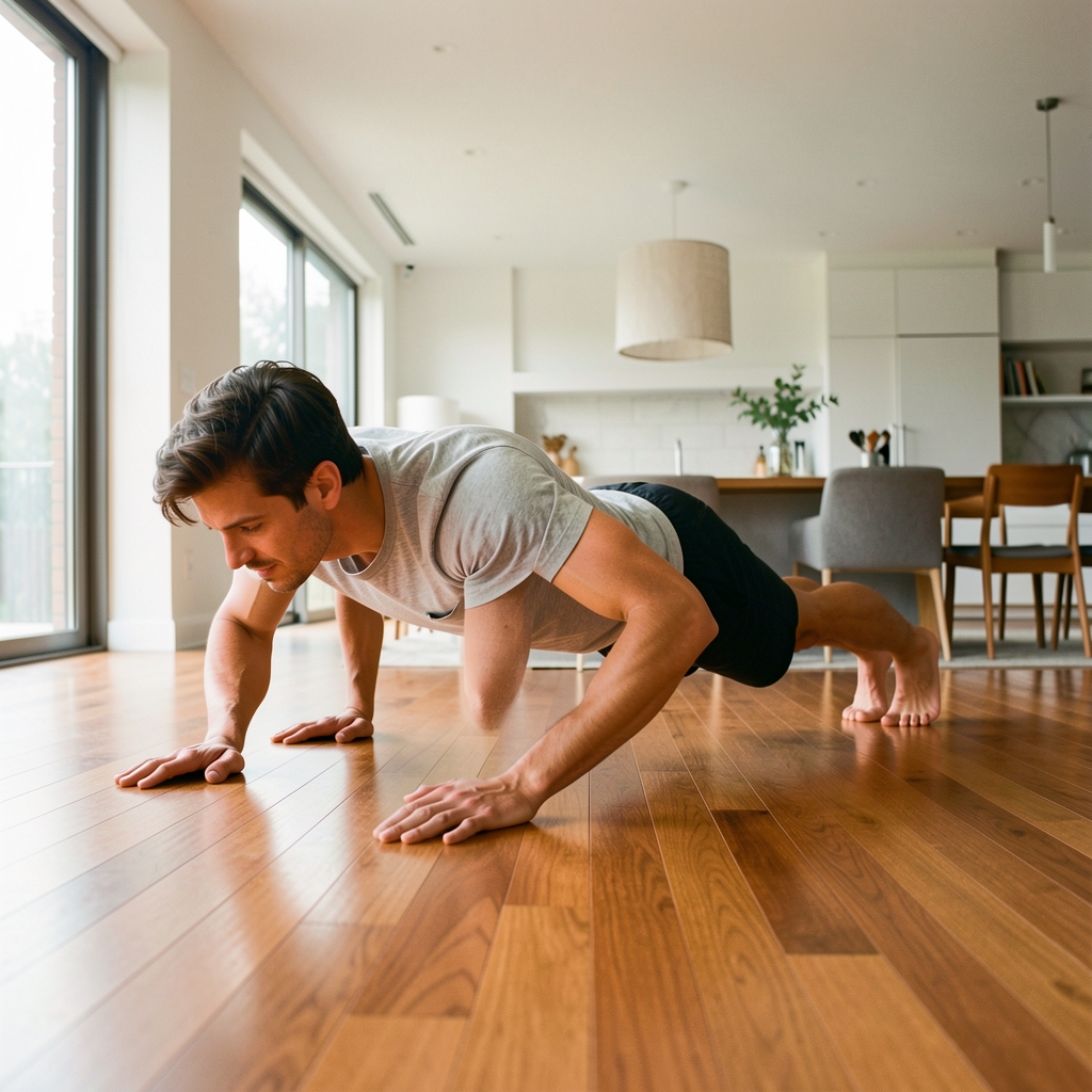 Person mid-push-up in a clean open-plan home space, polished wooden floor and natural daylight