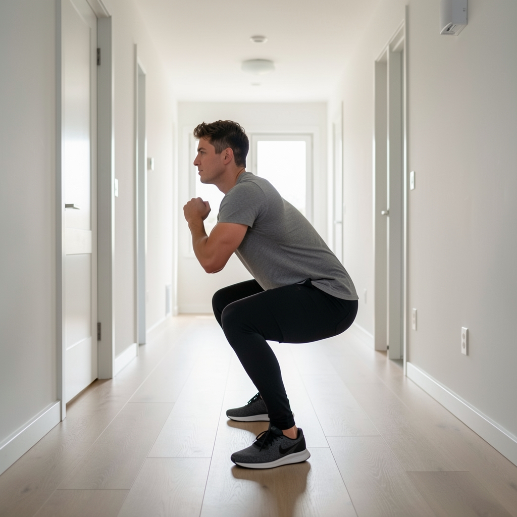 Person performing a bodyweight squat in a clear home hallway space, side profile view under neutral indoor lighting