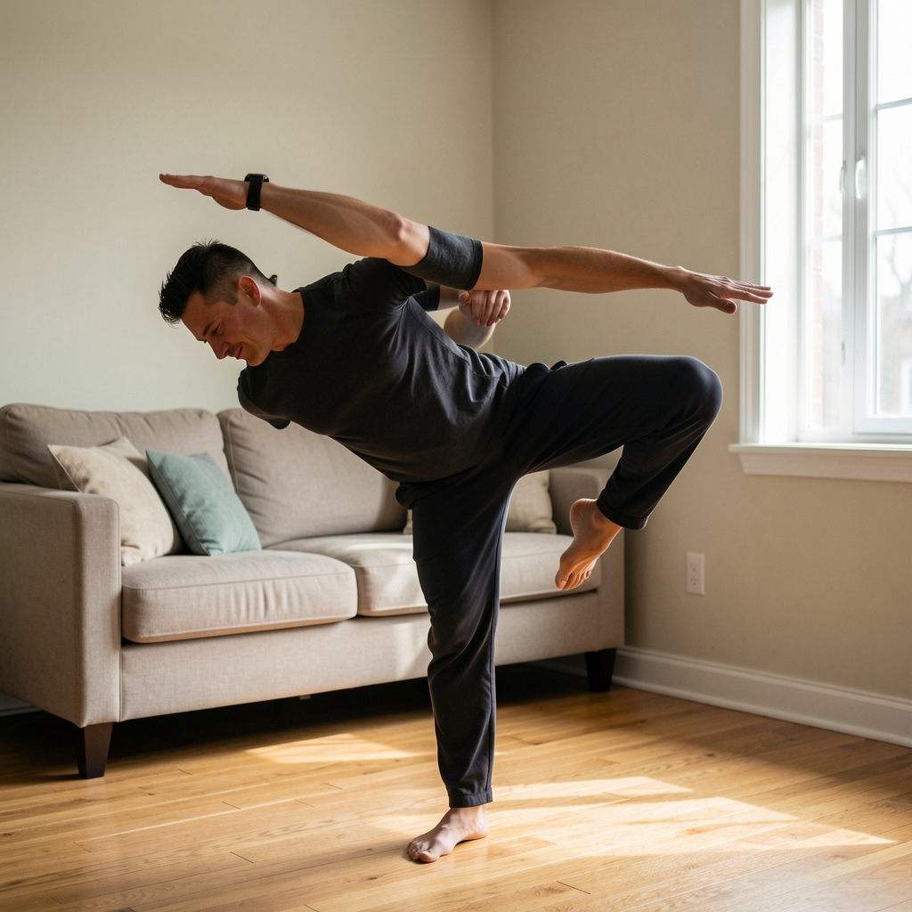 Person performing a single-leg Romanian deadlift in a home environment, focused expression, natural light from adjacent window