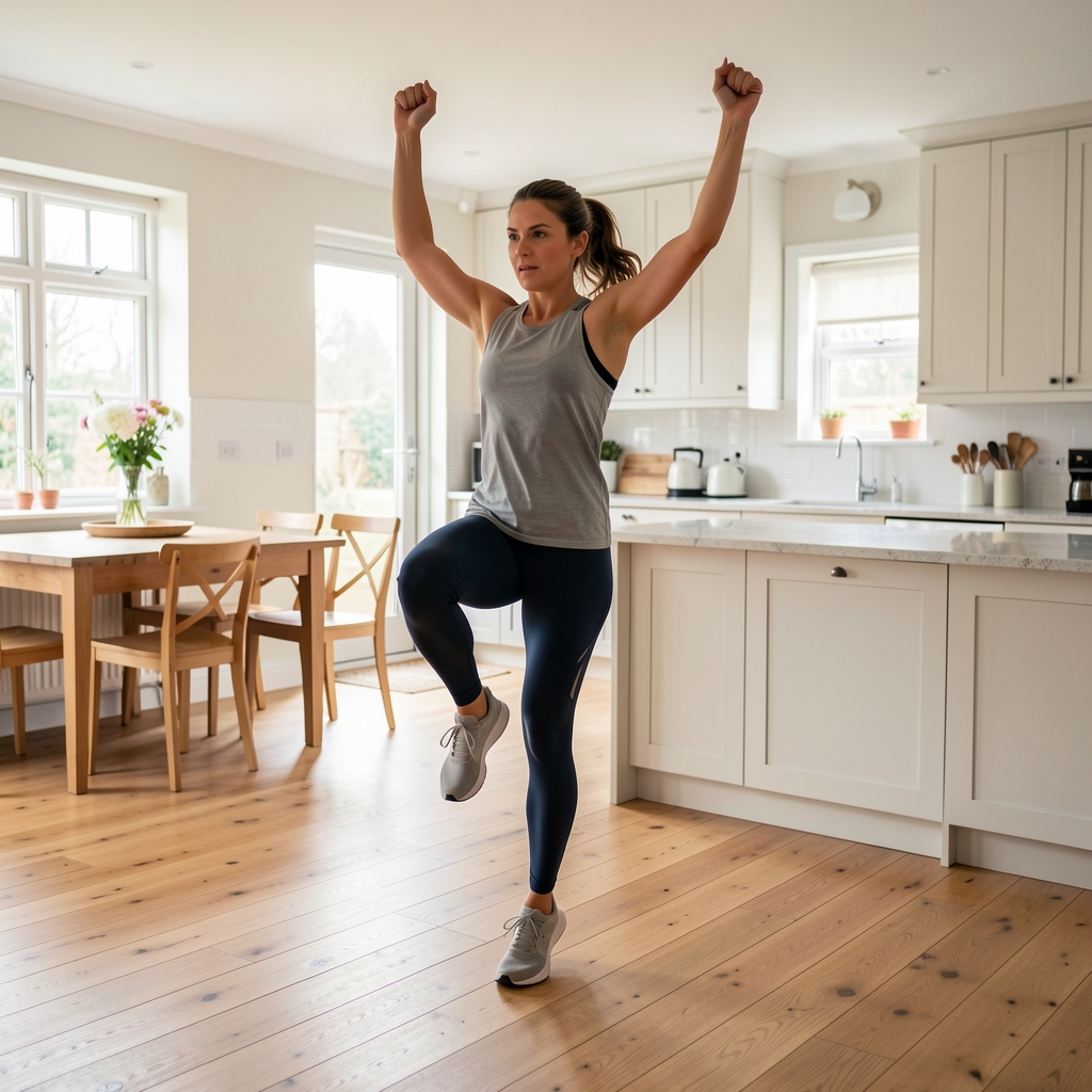 Person performing high-knee runs in a bright kitchen-diner area, arms raised, athletic wear, wooden floor visible