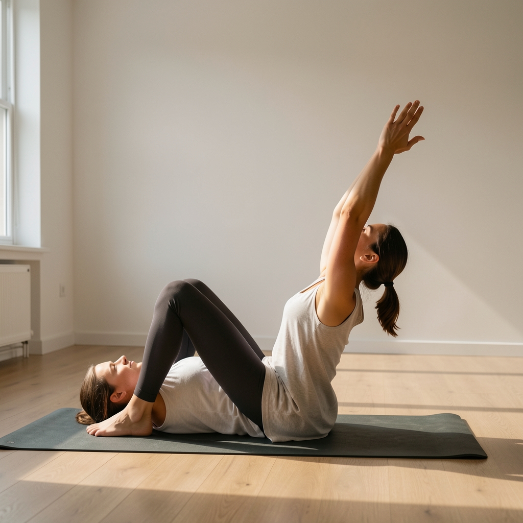 Person in a deep hip flexor stretch on a yoga mat in a minimally furnished room, arms raised overhead, morning light