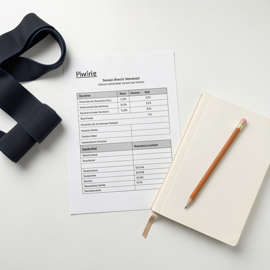 Flat lay of workout planning materials including a printed session brief, resistance band, and a notebook with pencil on white surface